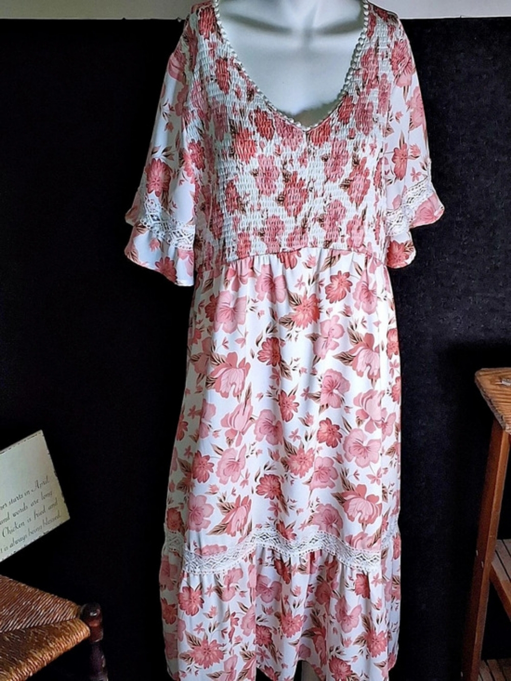 Grace Karin Floral Smocked Midi Dress in Pink & White Size 2XL Like New